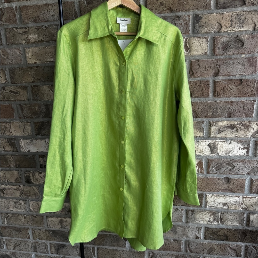 Neiman Marcus Exclusive Size L 100% Linen Green Shimmer Tunic Shirt NWOT